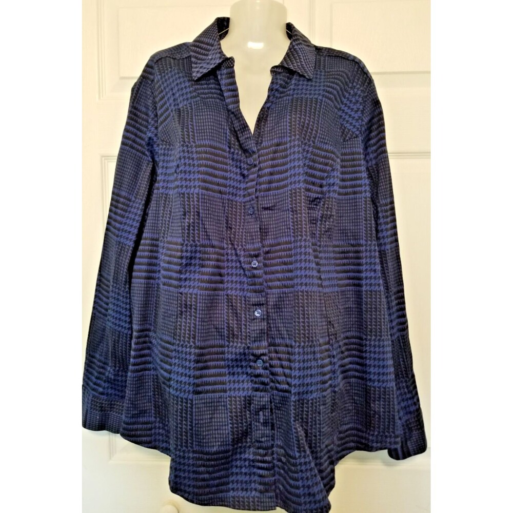 Lane Bryant Women's Blouse Button Front Blue Black Geometric Size 28